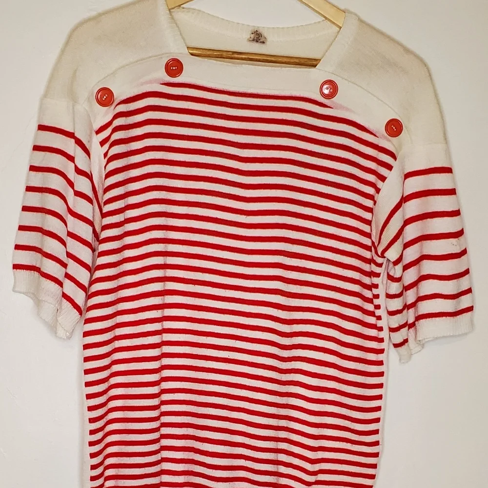 (Red &) White Stripes Red and White Striped Short Sleeve Knit Sweater Shirt - Picture 13 of 14
